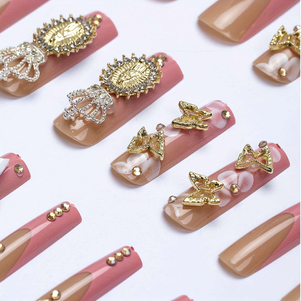 24pcs Rectangular Pink French False Nails with Flower Print, Shiny Rhinestone Metal Crown Design, Press-on Nails, Essential for Ladies' Party, Acrylic Press-on Nails with Jelly Glue 1pc and Scrubbing Strip 1pc